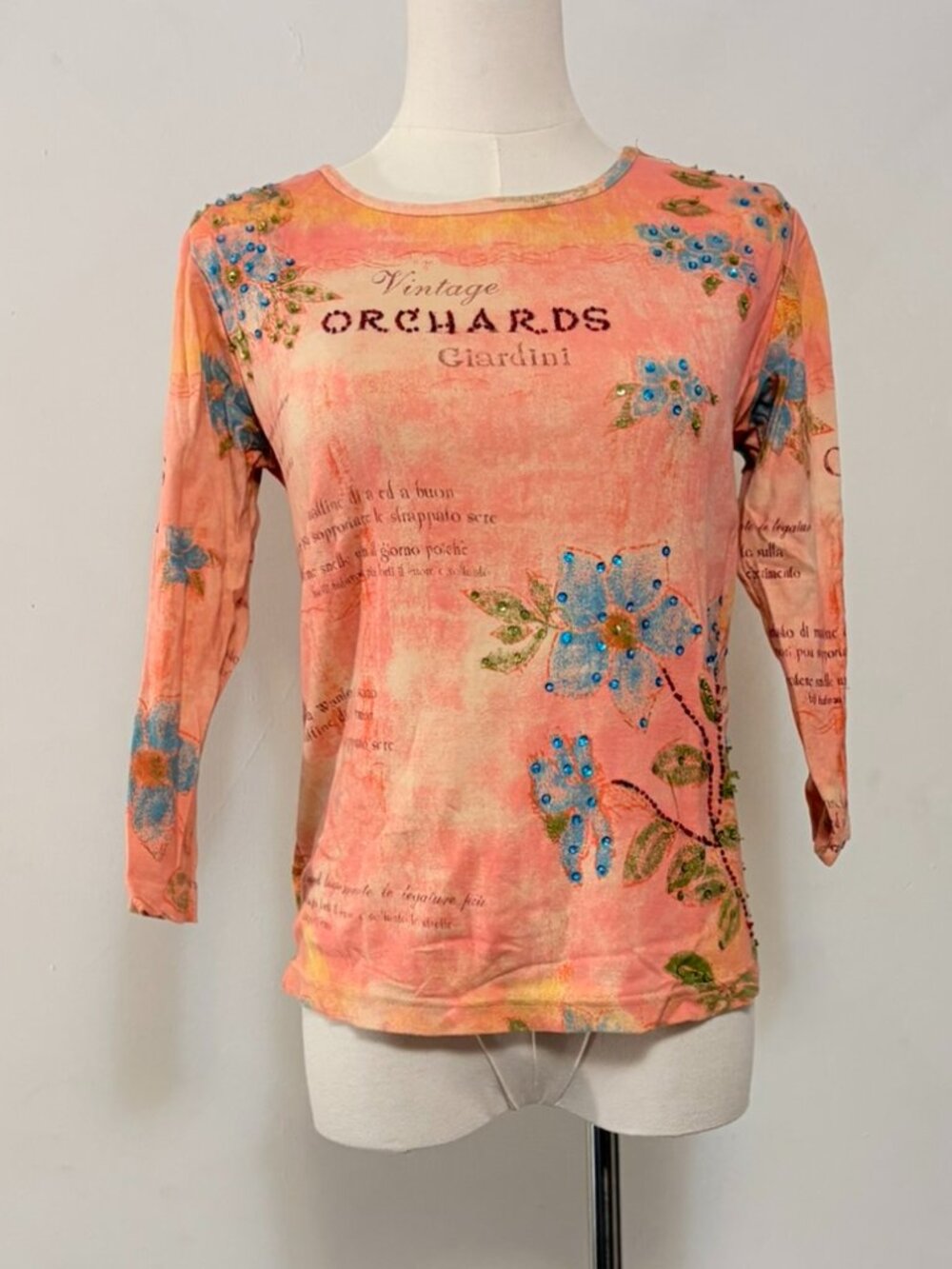 Take Two Clothing Co Beaded Floral Graphic Top Y2K "Vintage Orchards Size S